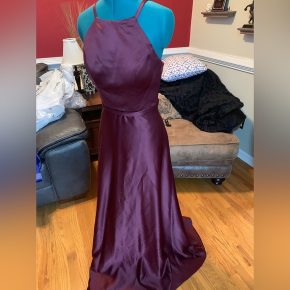 Morilee David’s Bridal Wine Satin High-neck A-Line Bridesmaids Dress - Picture 5 of 10